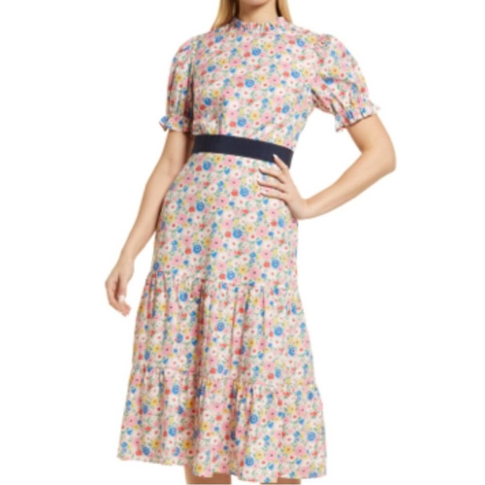 Boden Floral Midi Dress Anthropologie Puff Sleeve Tiered Petite 6P